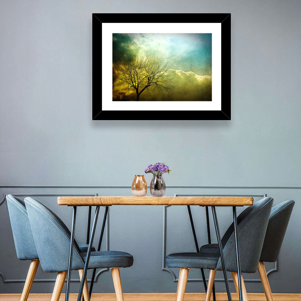 Moody Winter Tree Landscape Wall Art in a room, landscape