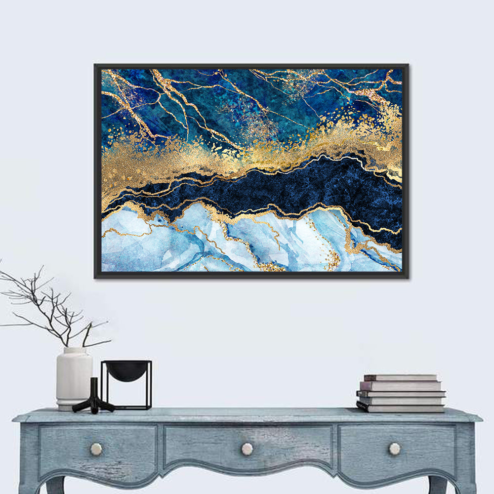 Navy Blue Marble with Gold Veins Wall Art in a room, landscape