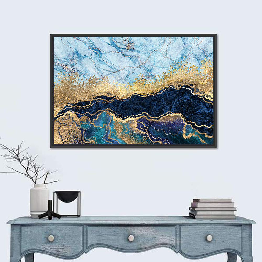 Blue Marble with Gold Veins Wall Art in a room, landscape