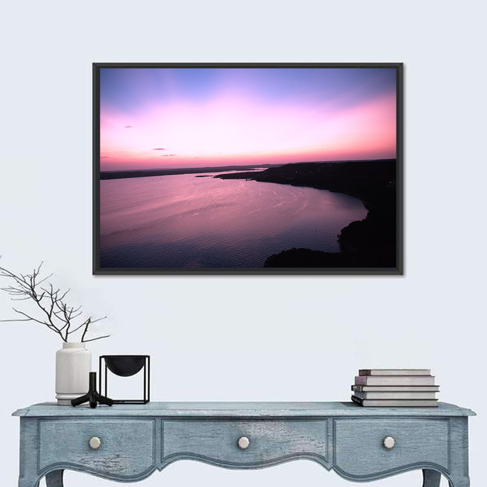 Lake Travis Purple Sunset Wall Art in a room, landscape