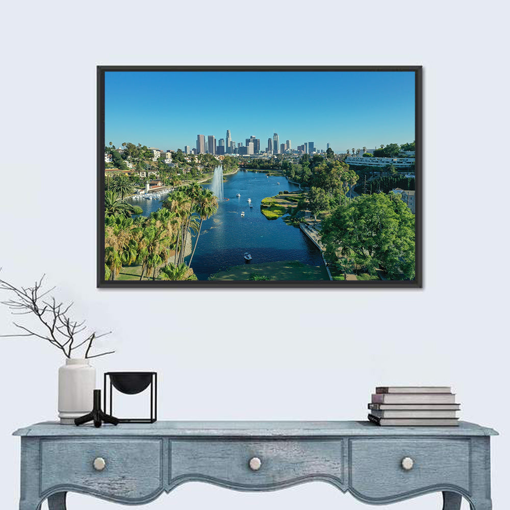 Echo Park Fountain and Downtown Skyline Wall Art in a room, landscape