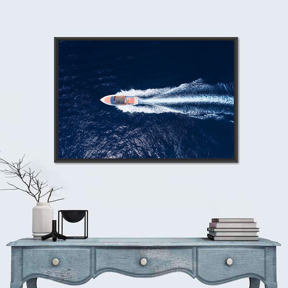 Sleek Speedboat Over Navy Sea Wall Art in a room, landscape