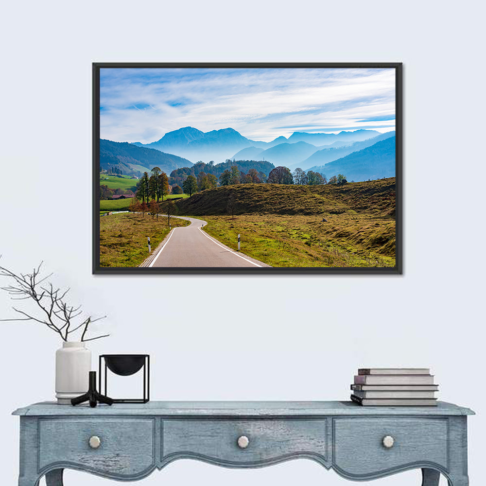 Bavarian Mountain Valley Wall Art in a room, landscape