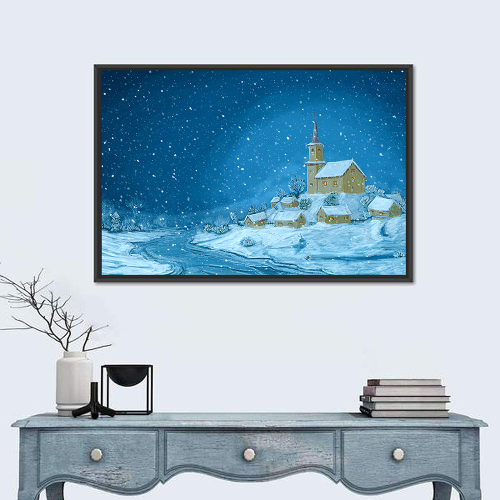 Snowy Village Church at Night Wall Art in a room, landscape