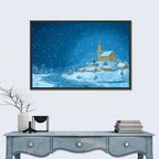 Snowy Village Church at Night Wall Art