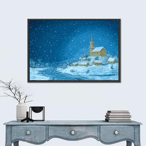 Snowy Winter Village Night Wall Art