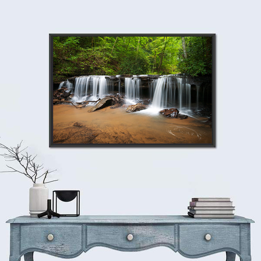 Lush Green Forest Waterfall Wall Art in a room, landscape