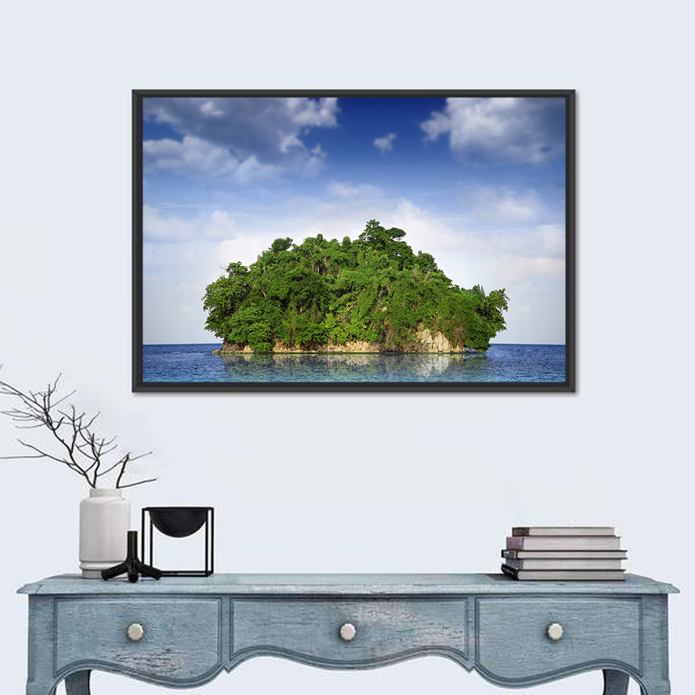 Tranquil Tropical Island Reflection Wall Art in a room, landscape