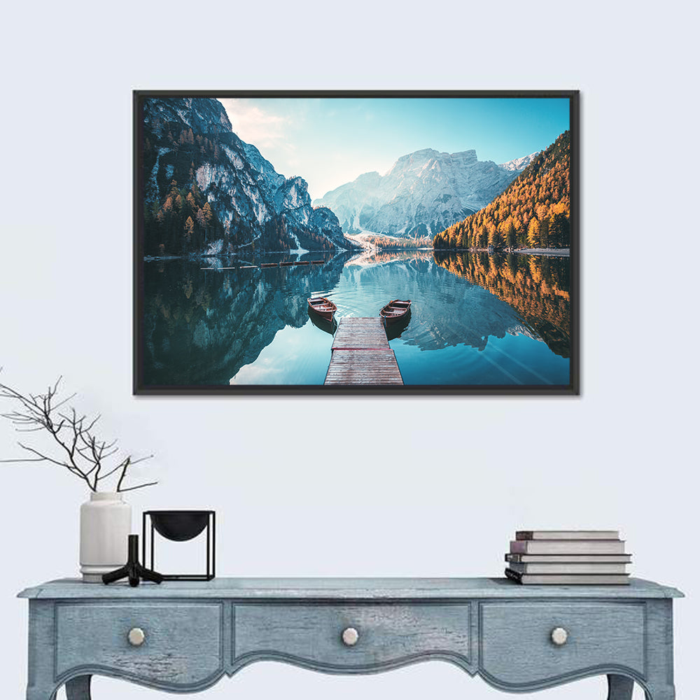 Lago Di Braies Dock and Dolomites Wall Art in a room, landscape
