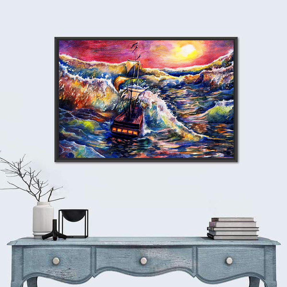 Stormy Sunset Sailing Ship Wall Art in a room, landscape