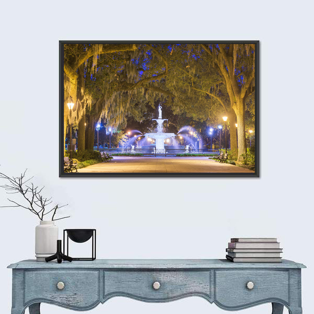Forsyth Park Fountain at Night Wall Art in a room, landscape