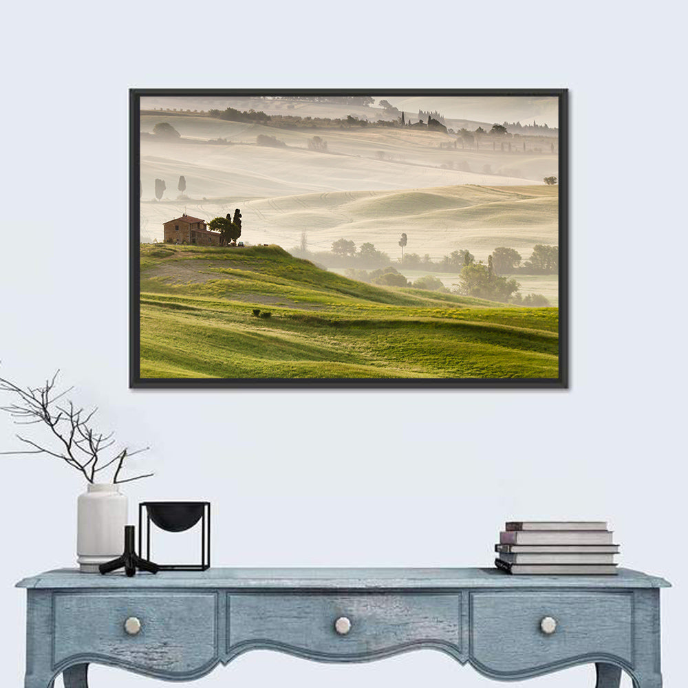 Foggy Tuscany Wall Art in a room, landscape