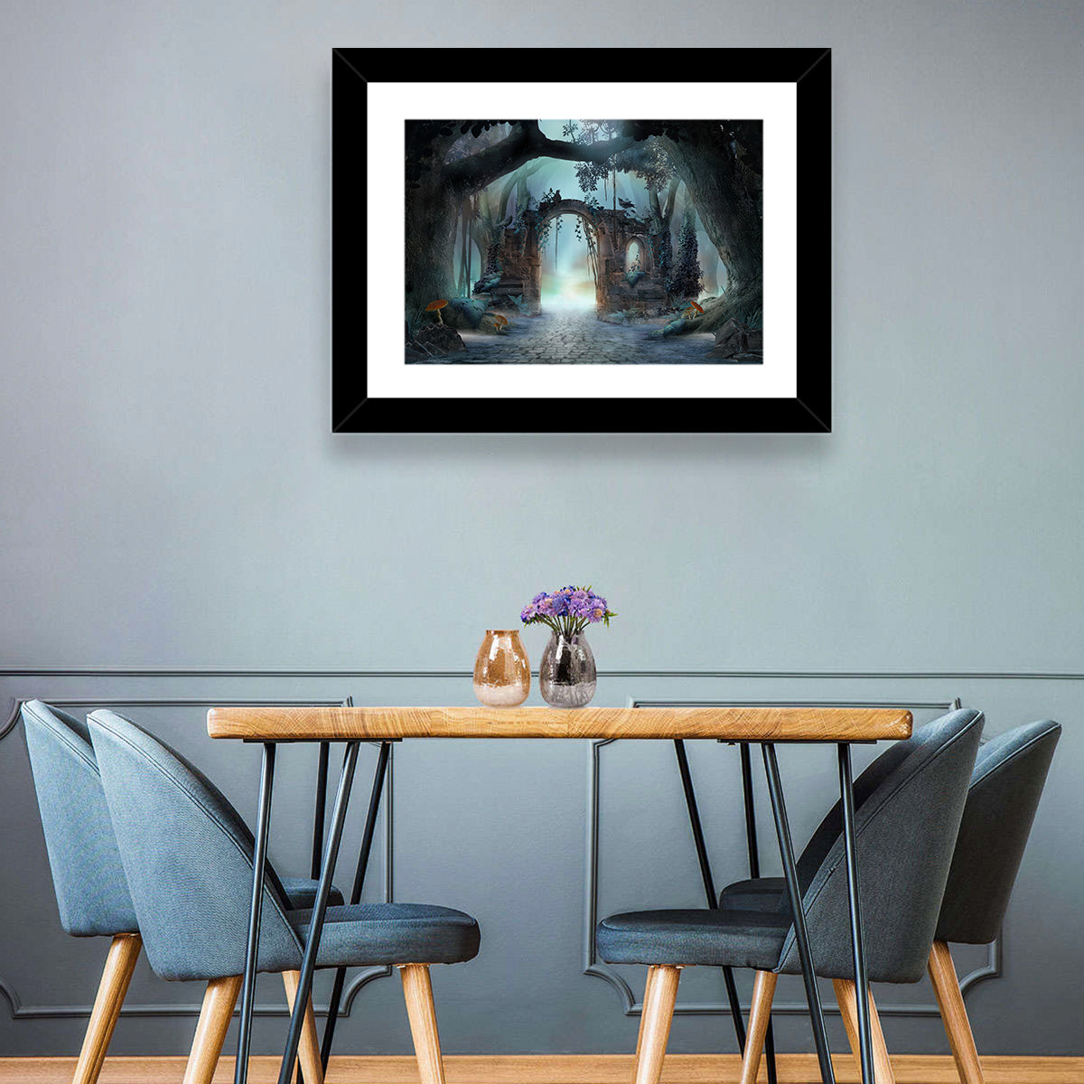Enchanted Foggy Forest Wall Art in a room, landscape