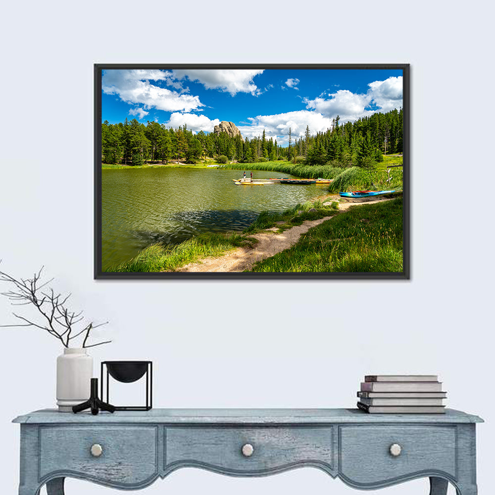 Sylvan Lake Dockside Scene Wall Art in a room, landscape