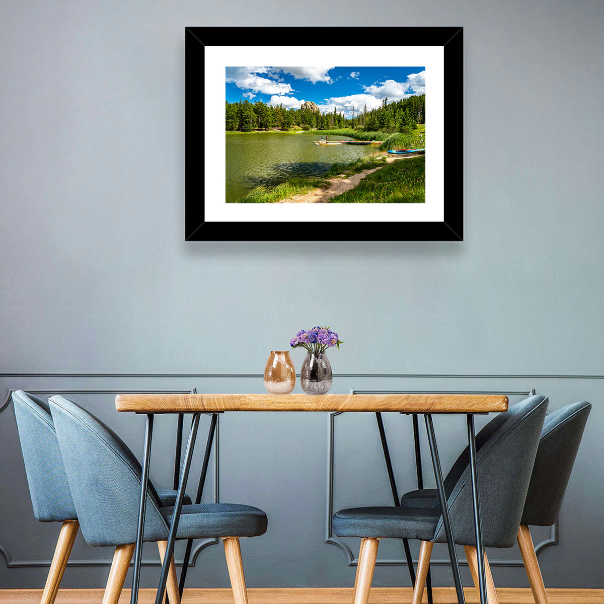 Sylvan Lake Dockside Scene Wall Art in a room, landscape