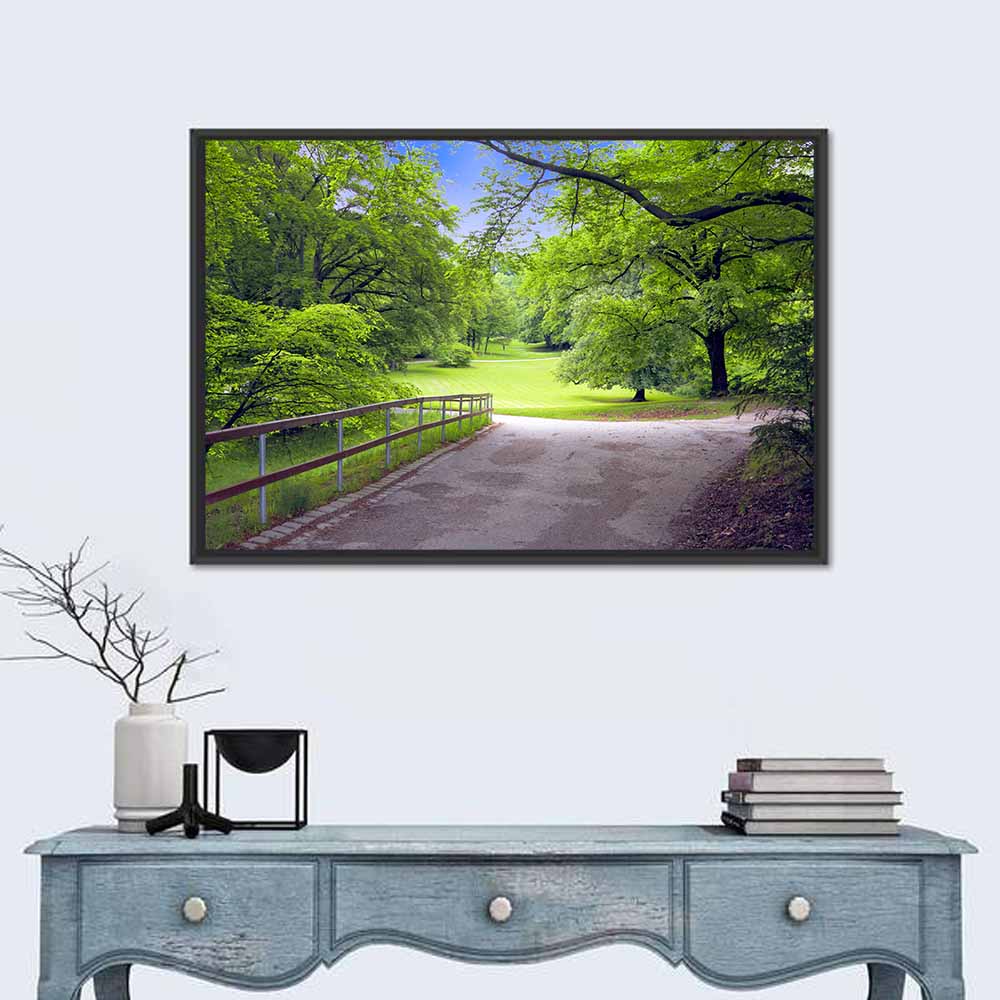 Sunlit Meadow Path Wall Art in a room, landscape