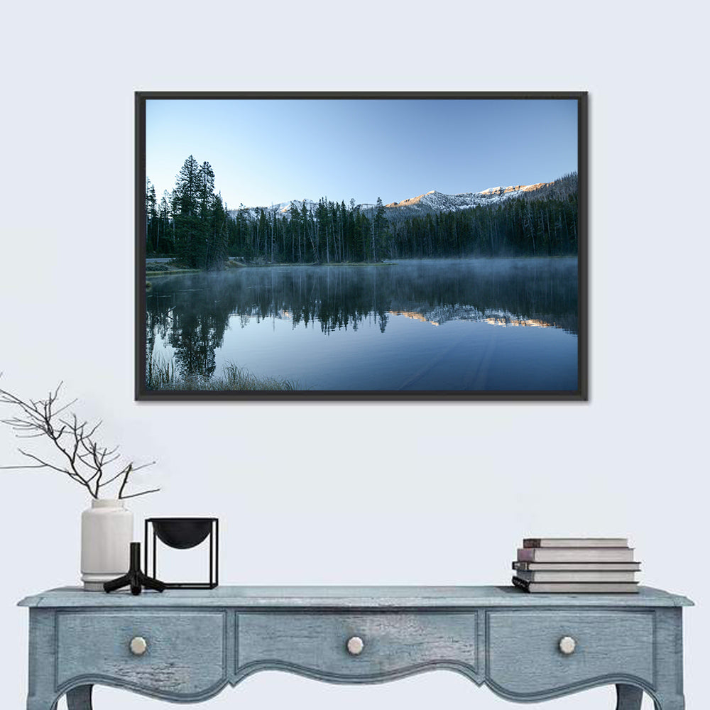 Sylvan Lake Morning Mist Wall Art in a room, landscape