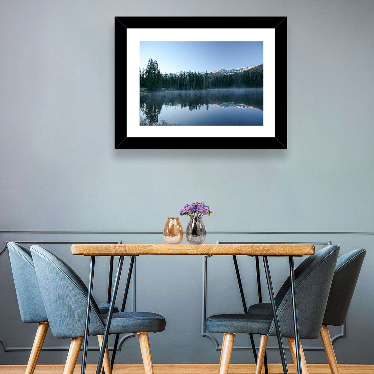 Sylvan Lake Morning Mist Wall Art in a room, landscape