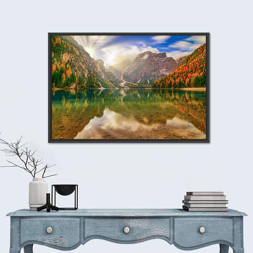 Lago Di Braies Sunrise Wall Art in a room, landscape