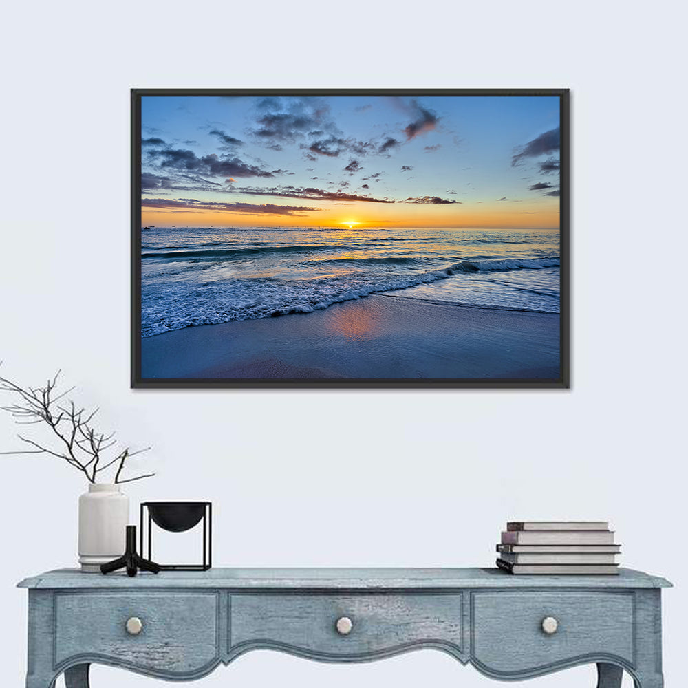 Foamy Waves at Golden Sunset Wall Art in a room, landscape