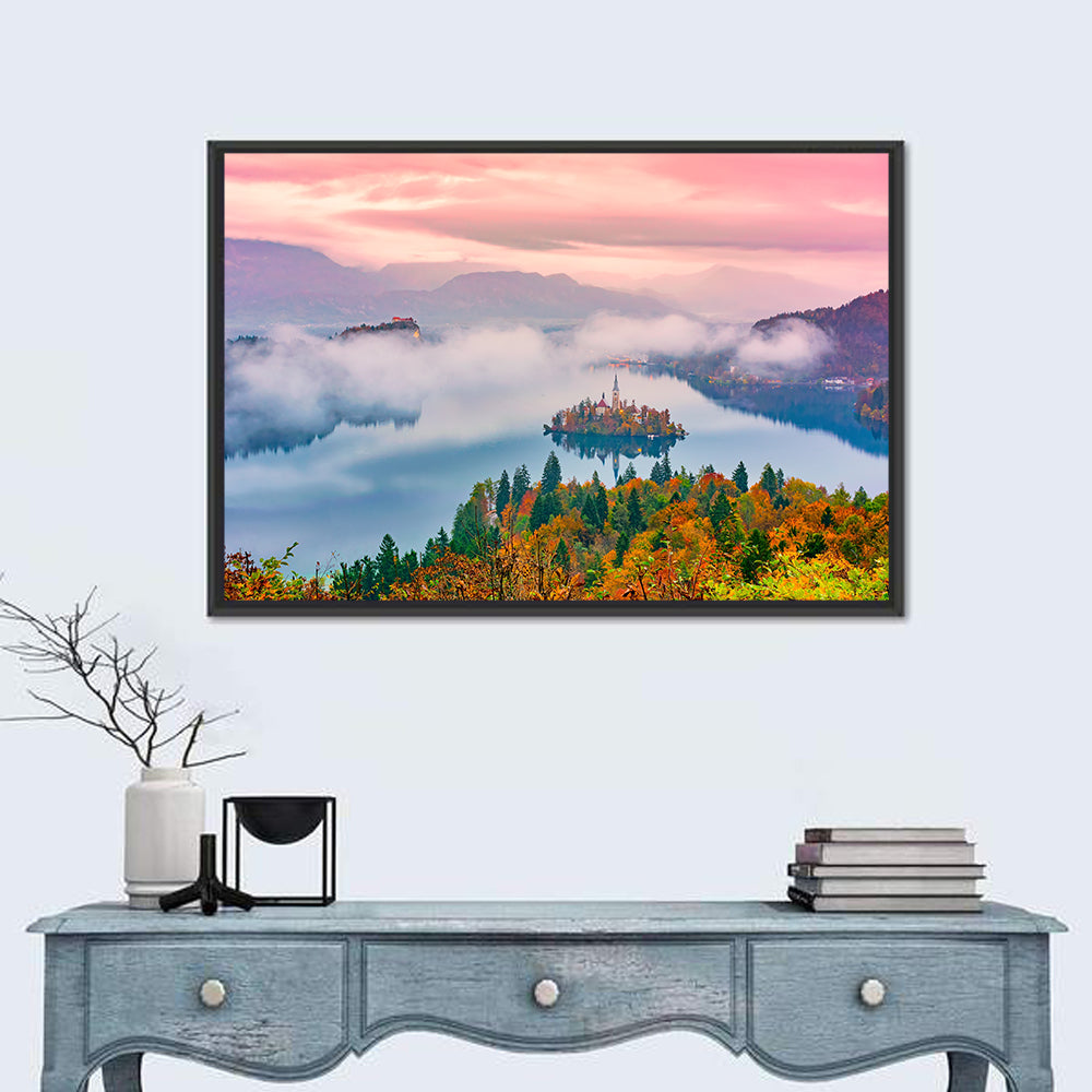Misty Morning Over Lake Bled Wall Art in a room, landscape