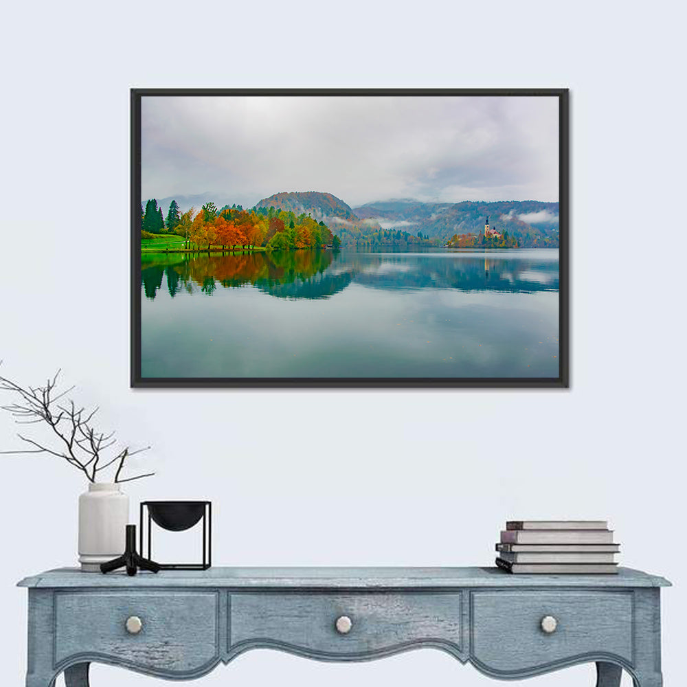 Lake Bled Island Church Wall Art in a room, landscape