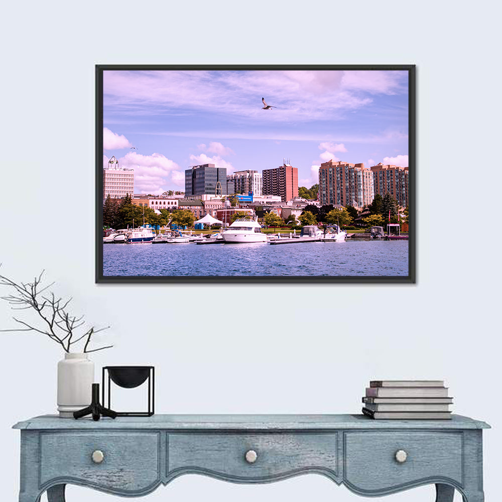 Barrie Lakefront Skyline Wall Art in a room, landscape