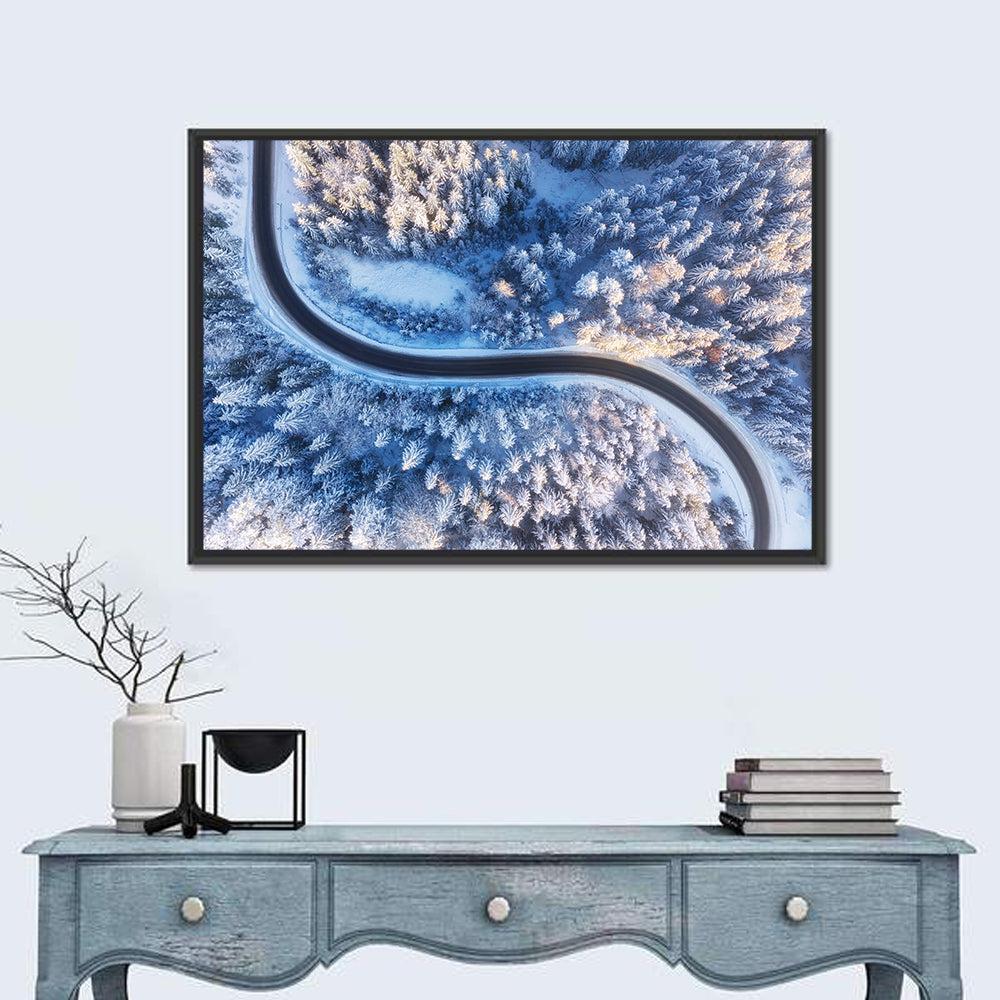 Snowy Forest Road at Golden Hour Wall Art