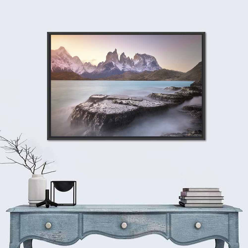 Cuernos Peaks Over Pehoe Lake Wall Art in a room, landscape
