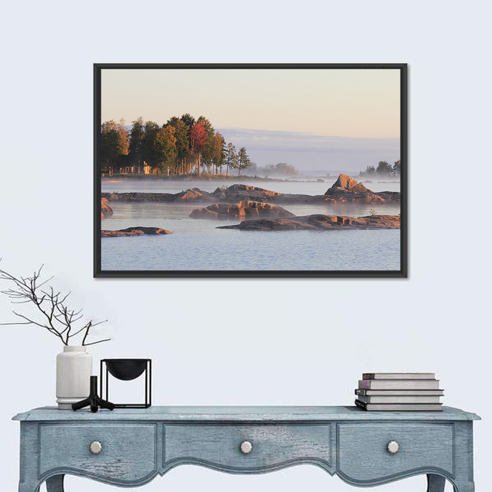 Lake Vanern Misty Shoreline Wall Art in a room, landscape