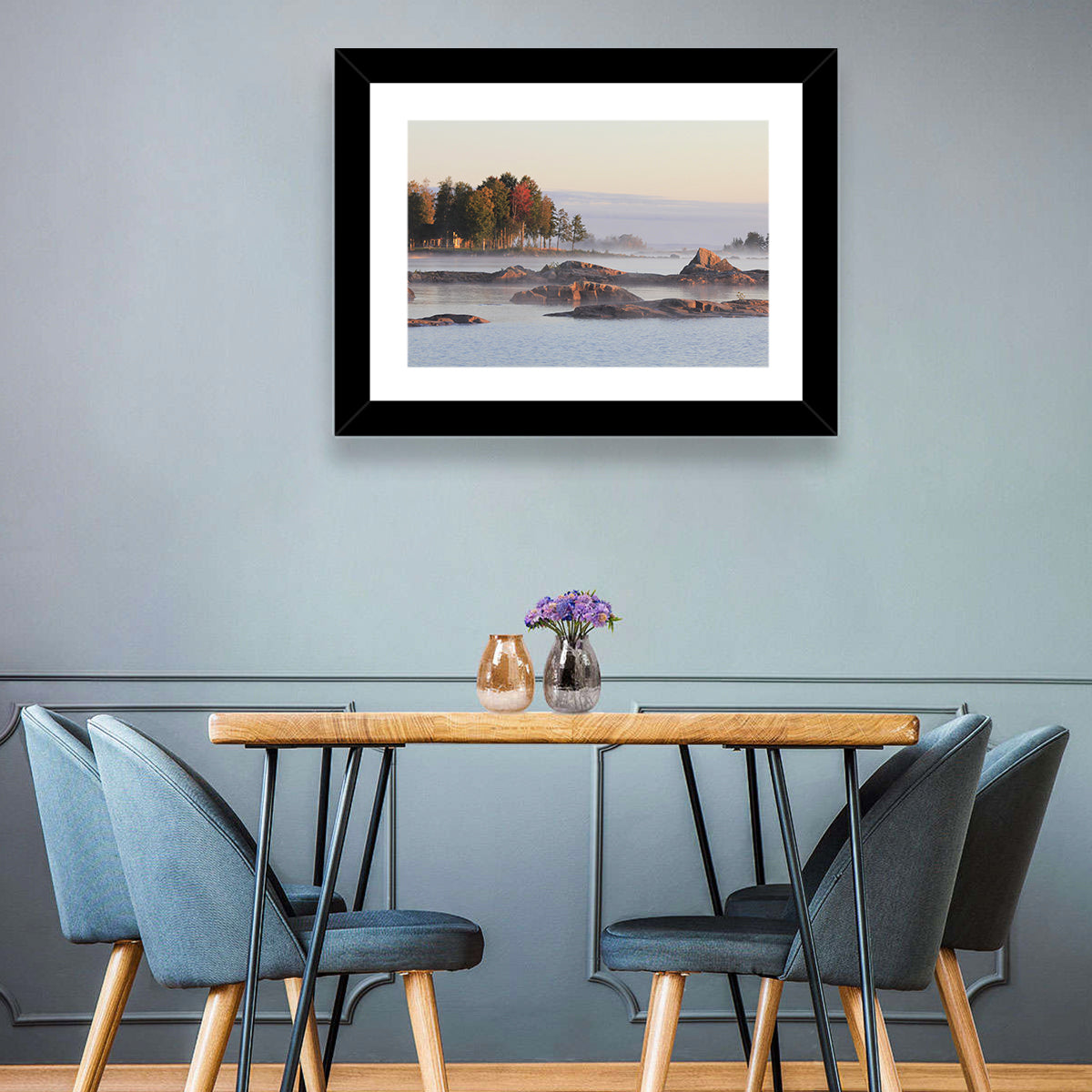 Lake Vanern Misty Shoreline Wall Art in a room, landscape