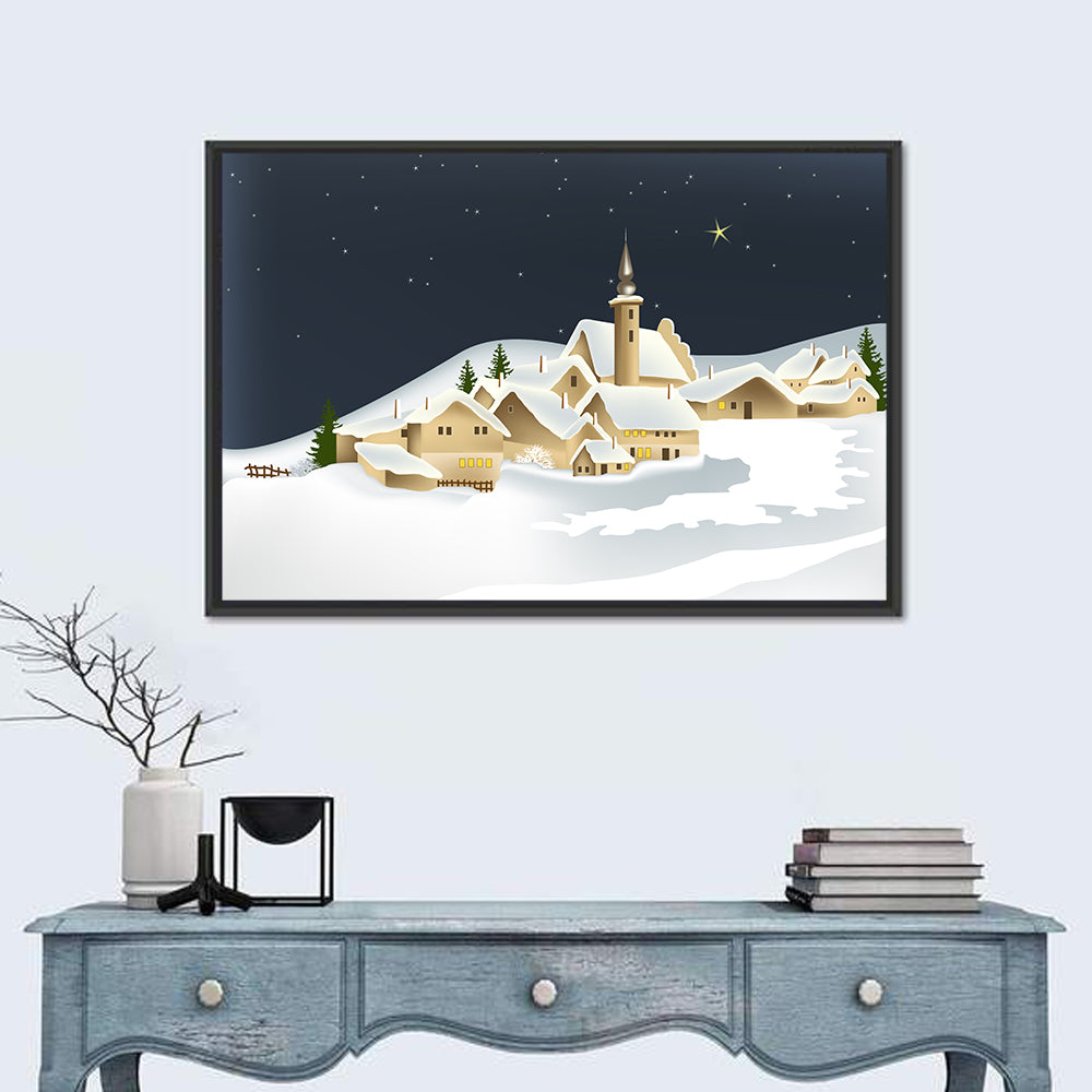 Winter Village Night Illustration Wall Art in a room, landscape