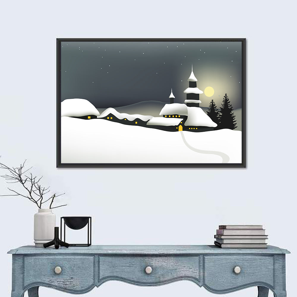 Moonlit Winter Village Illustration Wall Art
