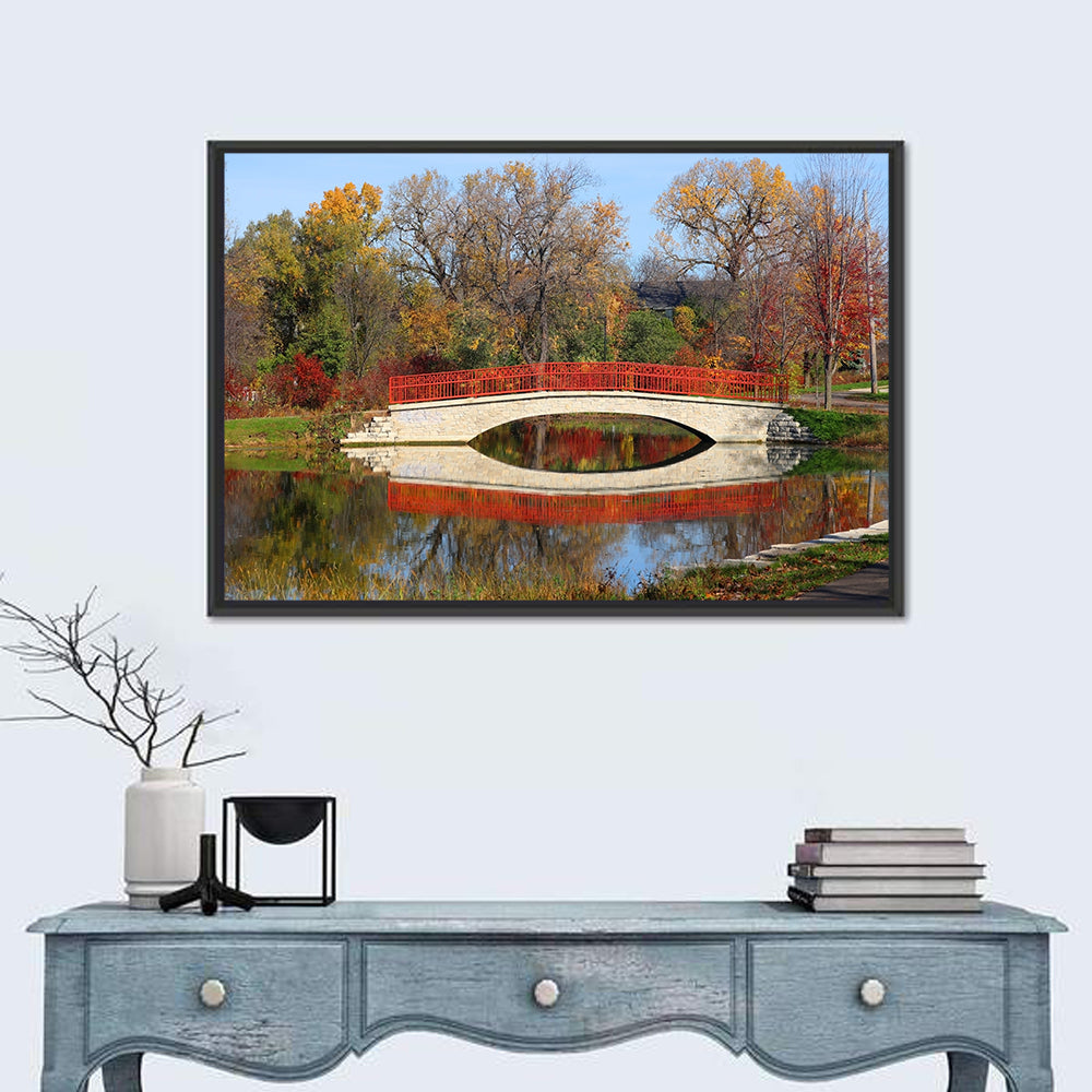 Tenney Park Stone Bridge Reflection Wall Art in a room, landscape