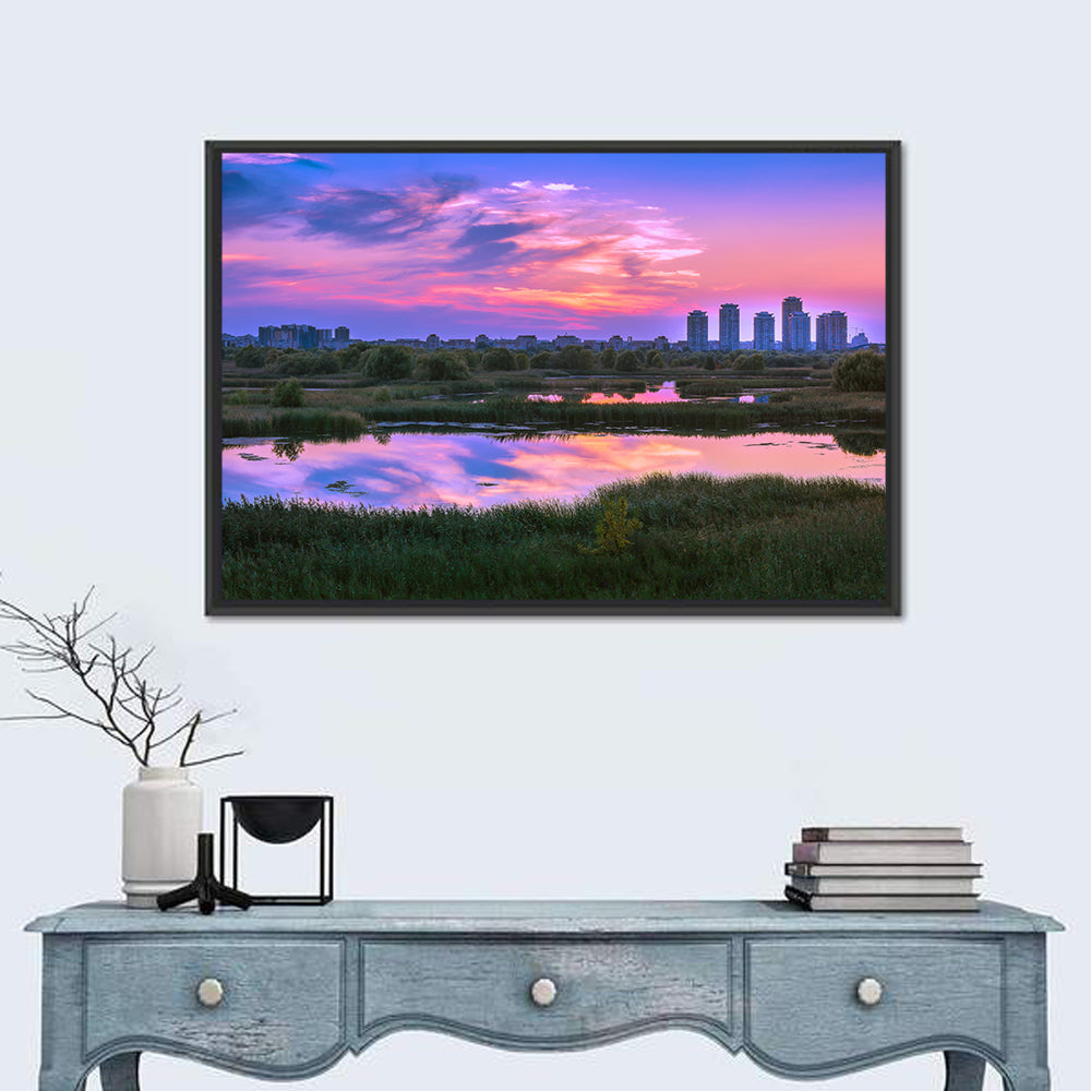Vacaresti Park Sunset Reflection Wall Art in a room, landscape