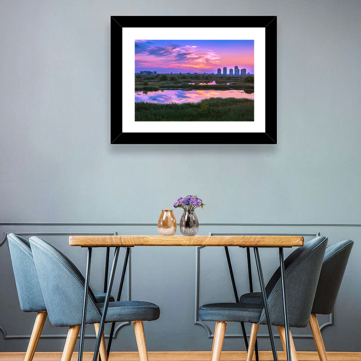 Vacaresti Park Sunset Reflection Wall Art in a room, landscape