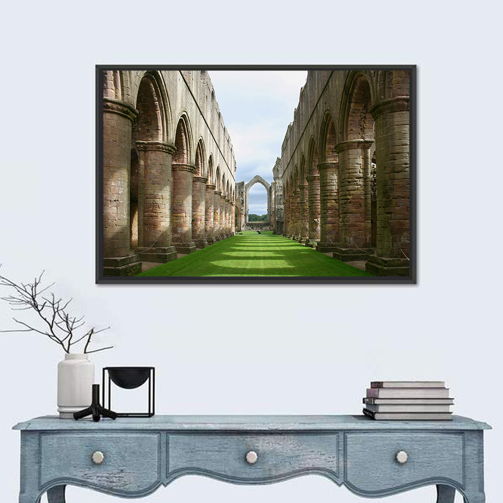 Fountains Abbey Ruins Grassy Nave View Wall Art in a room, landscape
