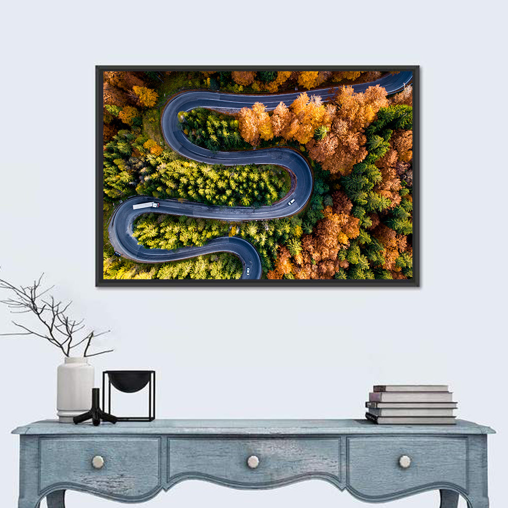 Serpentine Forest Road Wall Art in a room, landscape