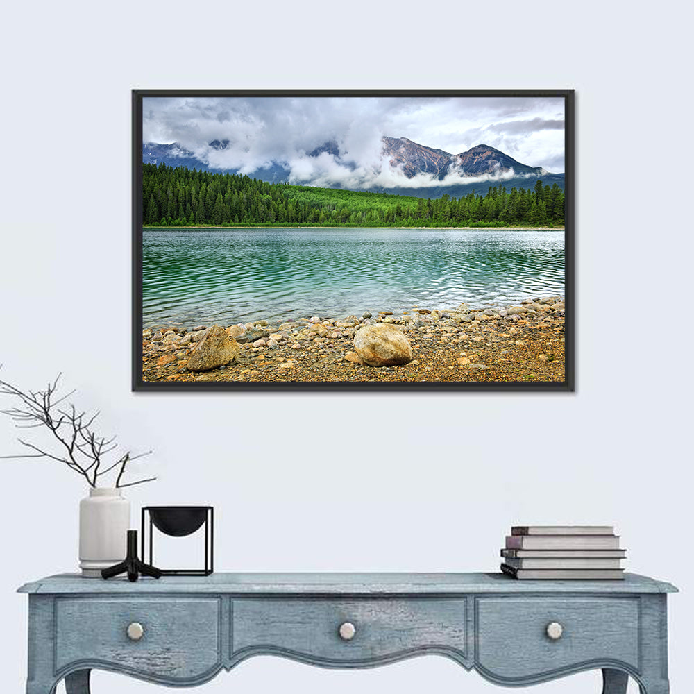Patricia Lake Cloudy Peaks Wall Art in a room, landscape