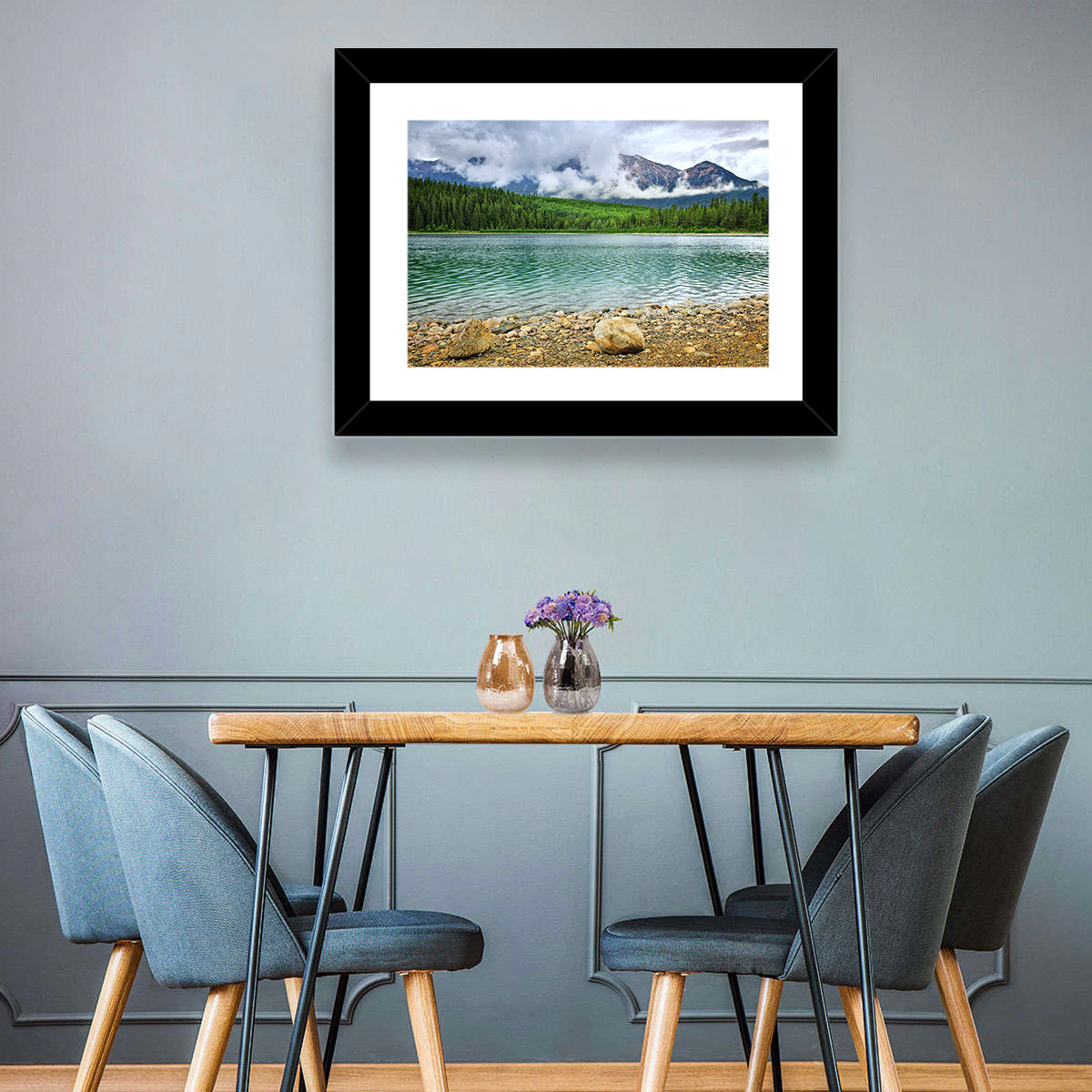 Patricia Lake Cloudy Peaks Wall Art in a room, landscape
