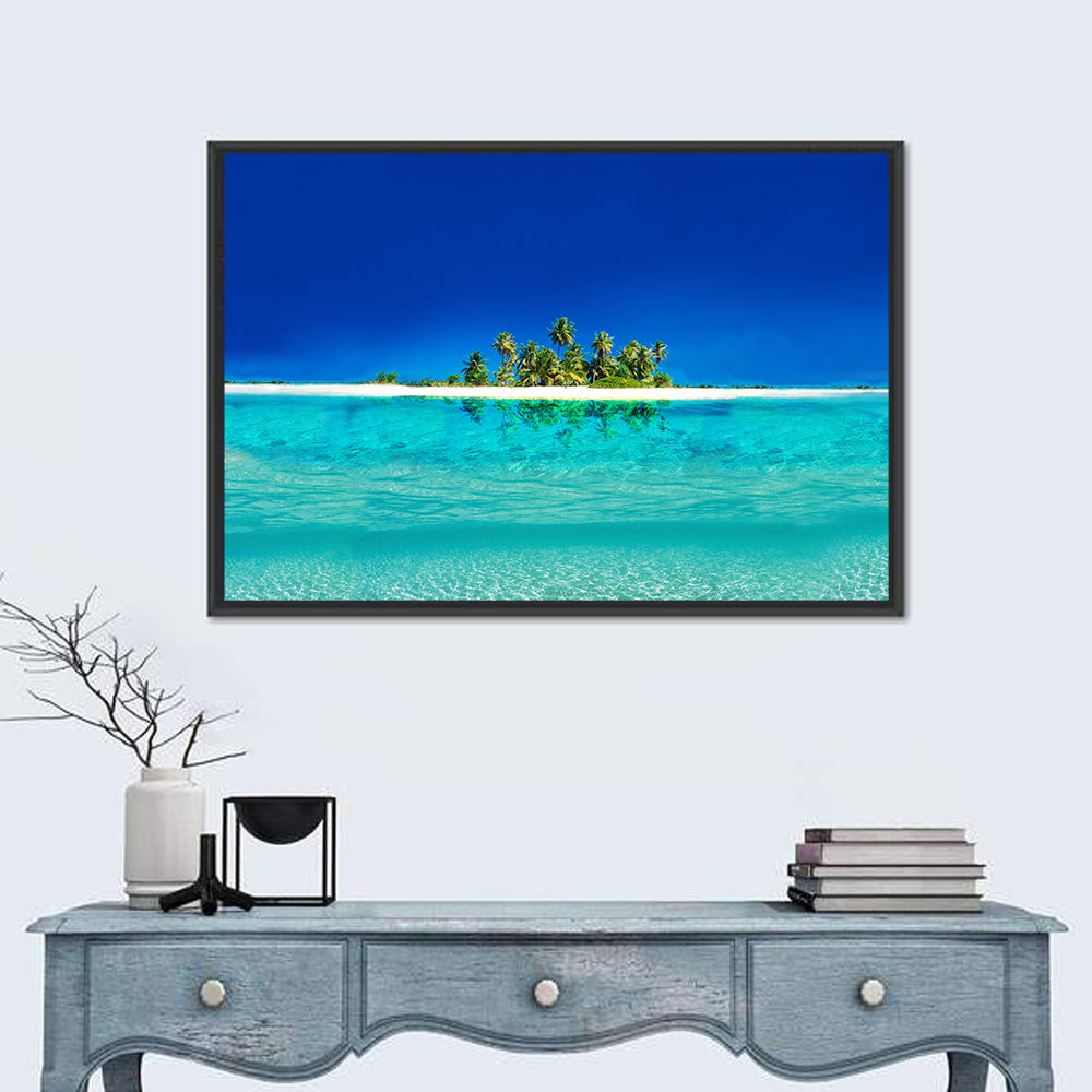 Tranquil Split-level Tropical Island Seascape Wall Art in a room, landscape