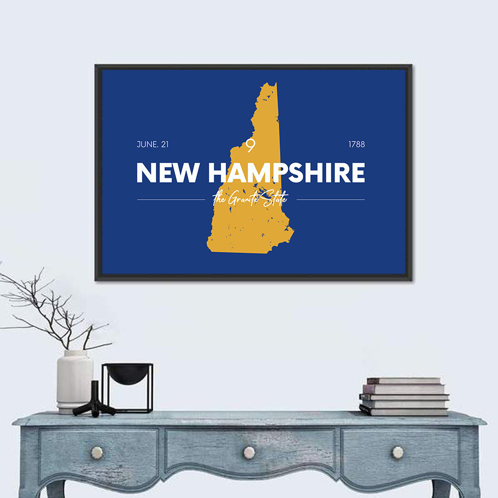 New Hampshire State Map, Blue and Gold Wall Art in a room, landscape