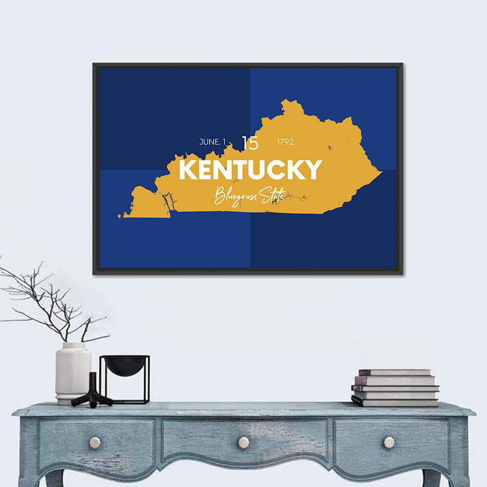Blue and Gold Kentucky Map Wall Art in a room, landscape