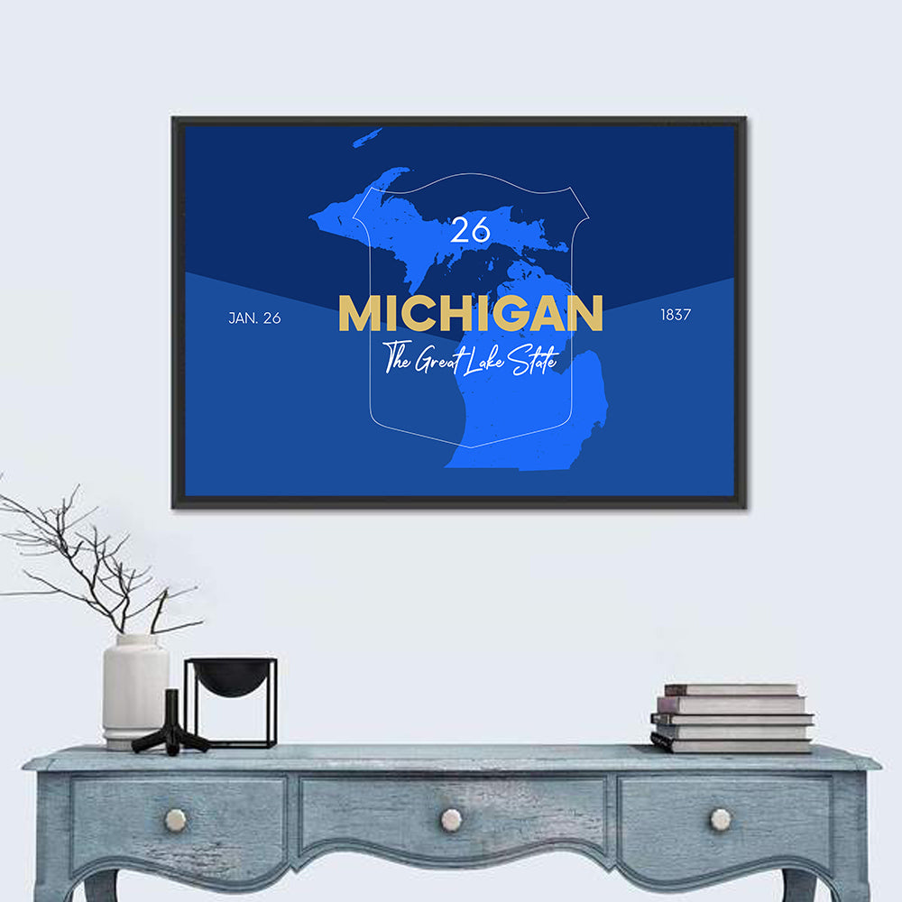 Michigan Shield Map Graphic Wall Art in a room, landscape