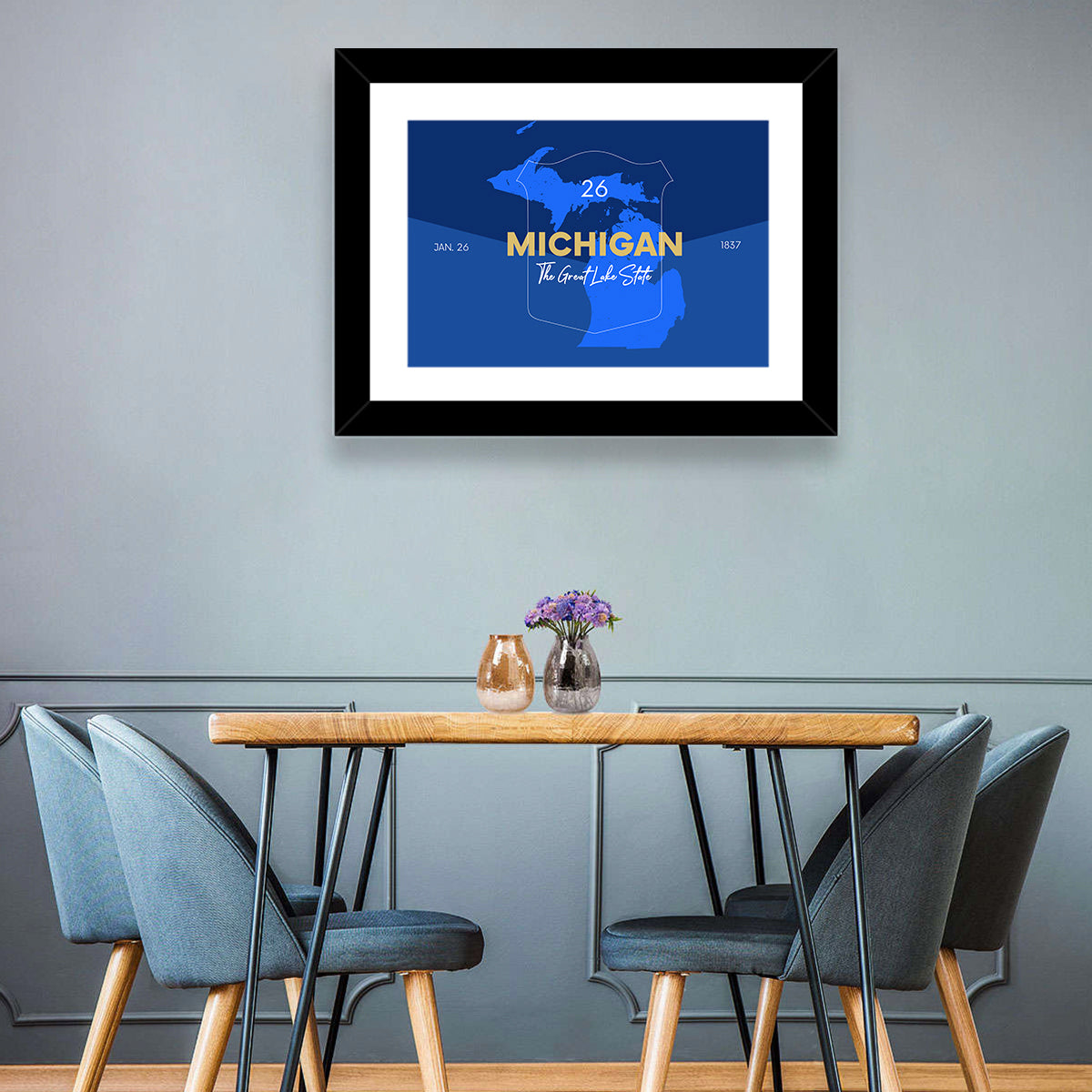 Michigan Shield Map Graphic Wall Art in a room, landscape