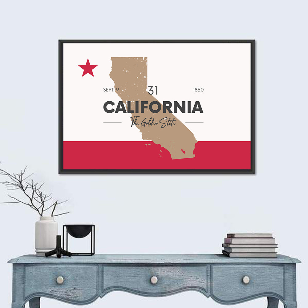 California Map with Red Star Wall Art in a room, landscape