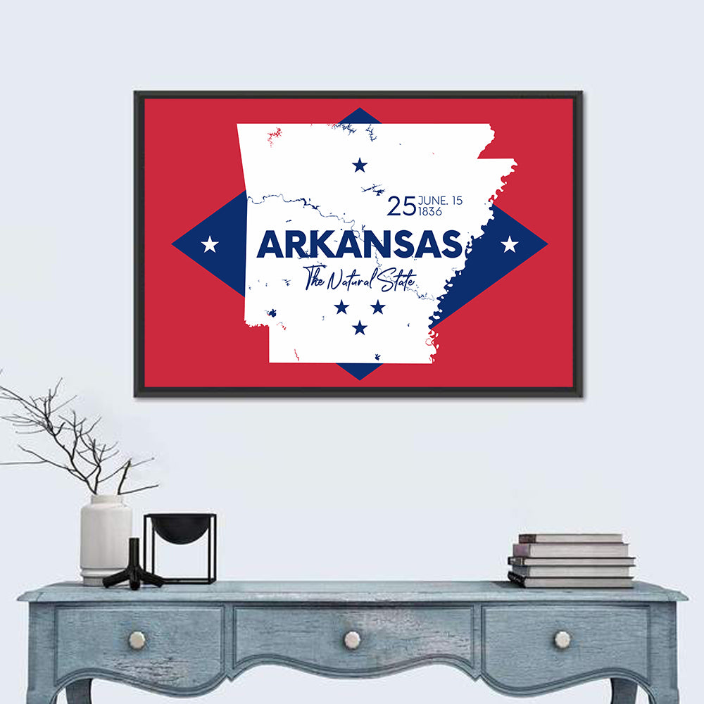 Patriotic Arkansas Map Wall Art in a room, landscape