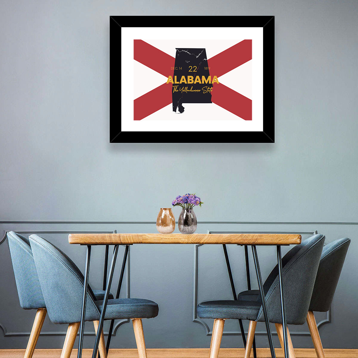 Alabama Map Over State Flag Wall Art in a room, landscape