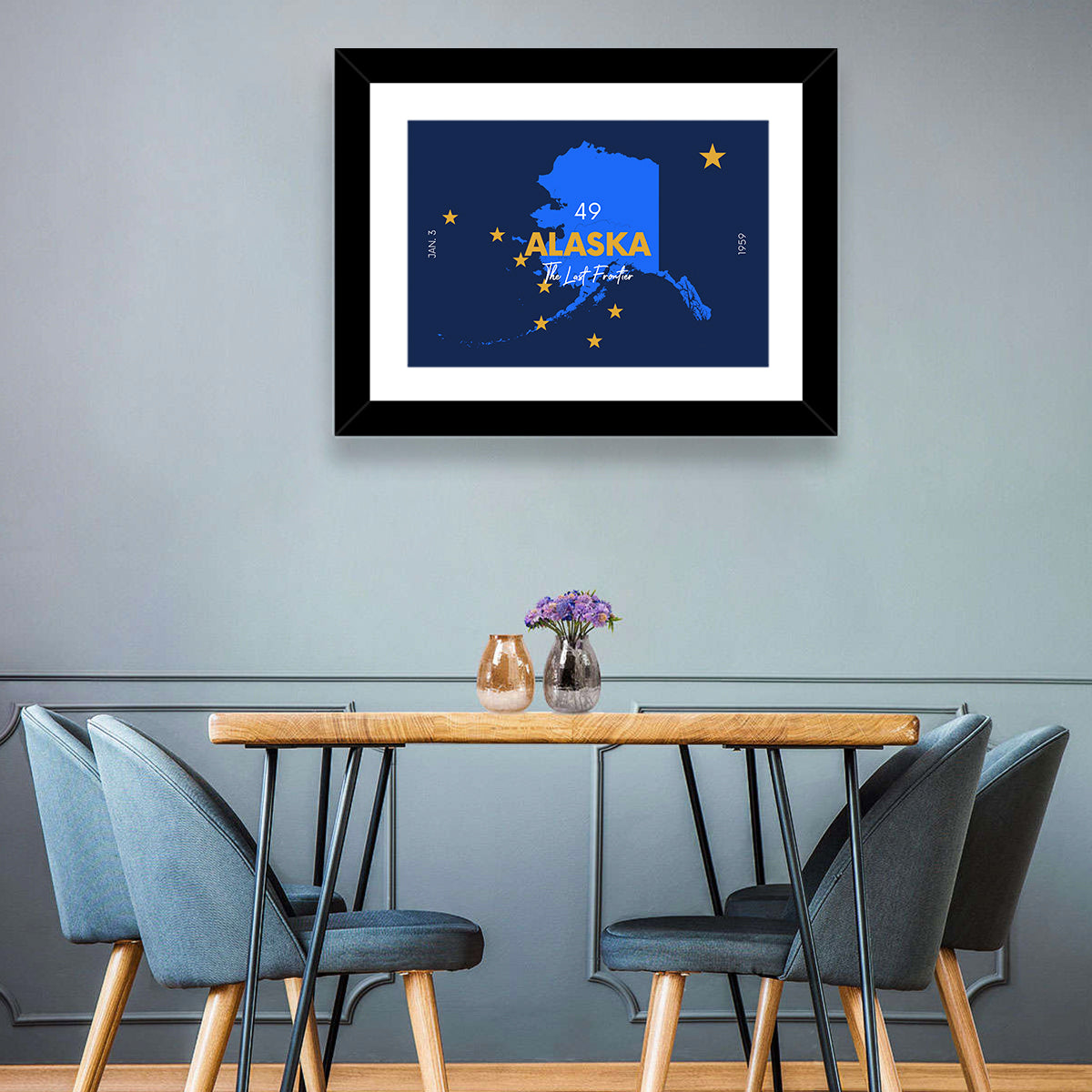 Alaska Map with Gold Stars Wall Art in a room, landscape