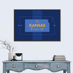 Kansas Typographic Map, Blue and Gold Wall Art